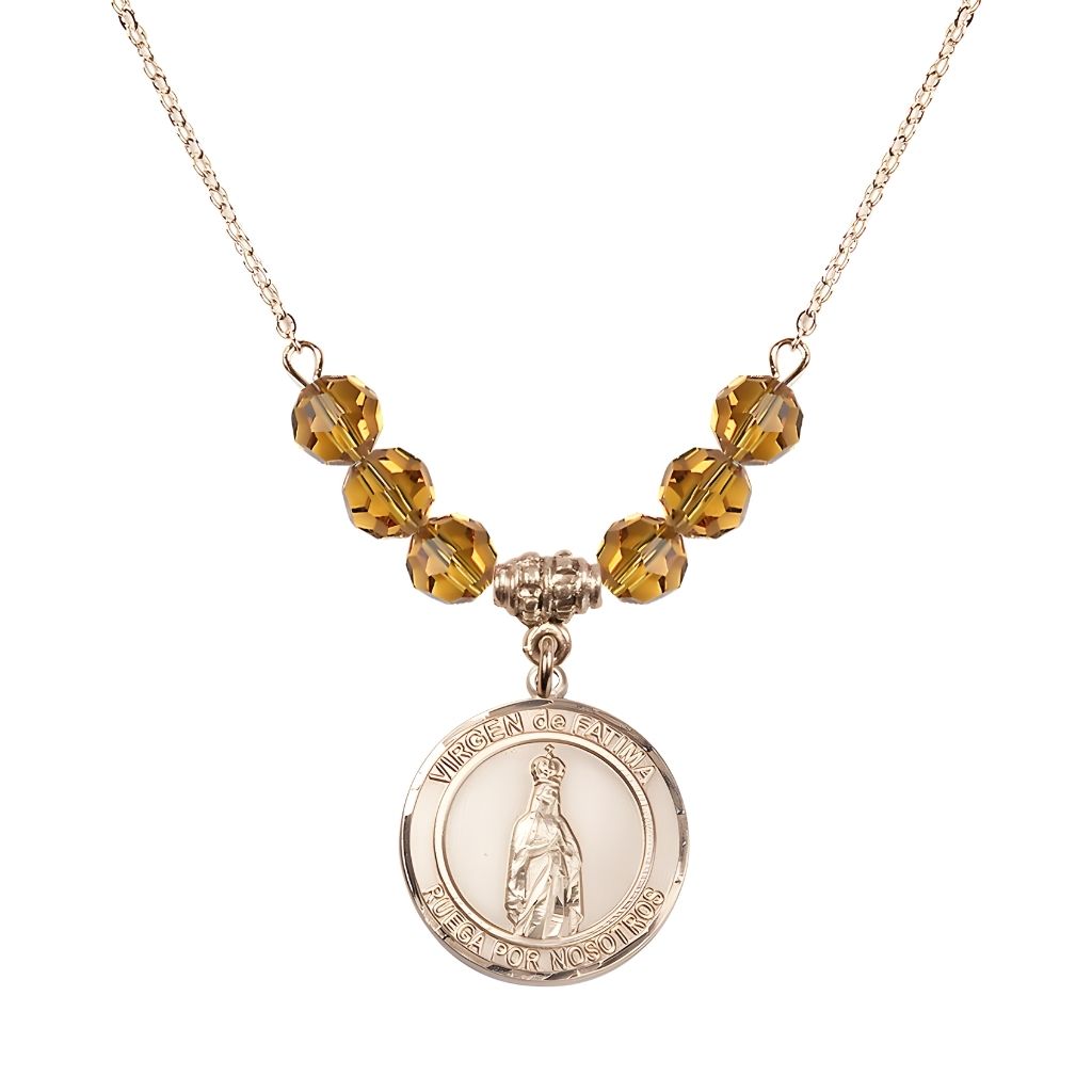Bliss Virgen de Fatima Round 14kt Gold-filled 6mm Topaz Beaded Necklace, Measures 3/4 inch tall by 1/2-inch wide, Gift Box
