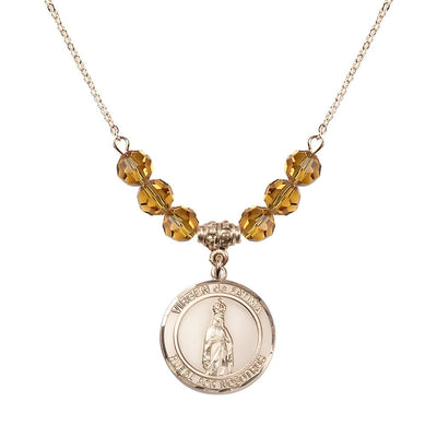 Virgen de Fatima Round 14kt Gold-filled 6mm Topaz Beaded Necklace, Measures 3/4 inch tall by 1/2-inch wide, Gift Box, Bliss Manufacturing