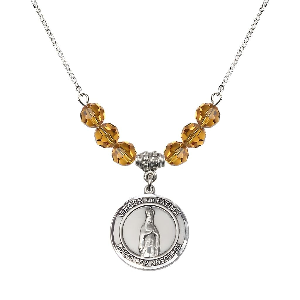 Bliss Virgen de Fatima Round Sterling Silver 6mm Topaz Beaded Necklace, Measures 3/4 inch tall by 1/2-inch wide, Gift Box