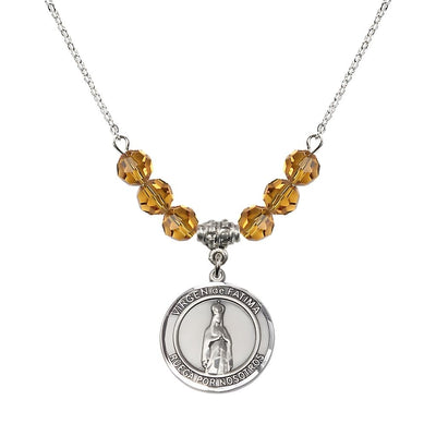 Virgen de Fatima Round Sterling Silver 6mm Topaz Beaded Necklace, Measures 3/4 inch tall by 1/2-inch wide, Gift Box, Bliss Manufacturing