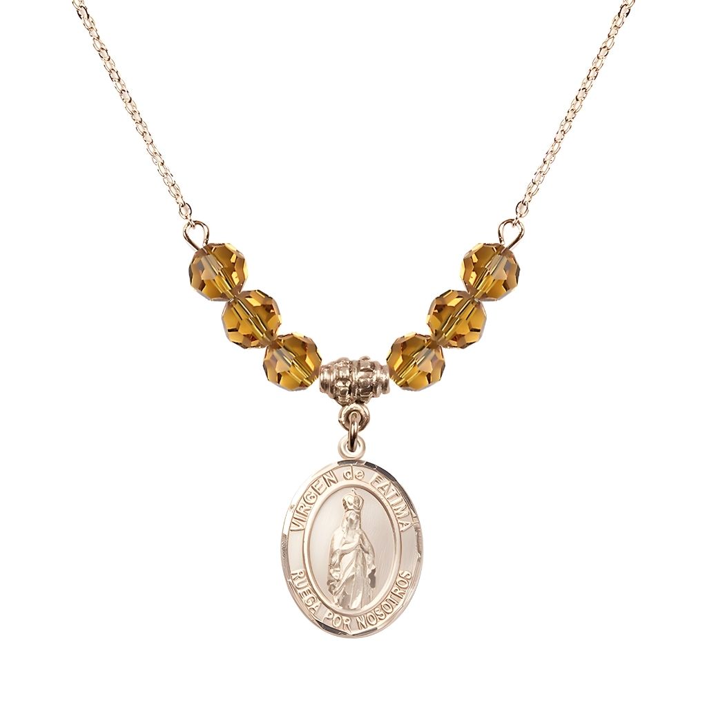 Bliss Virgen de Fatima 14kt Gold-filled 6mm Topaz Beaded Necklace, Measures 3/4 inch tall by 1/2-inch wide, Gift Box