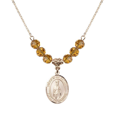 Virgen de Fatima 14kt Gold-filled 6mm Topaz Beaded Necklace, Measures 3/4 inch tall by 1/2-inch wide, Gift Box, Bliss Manufacturing