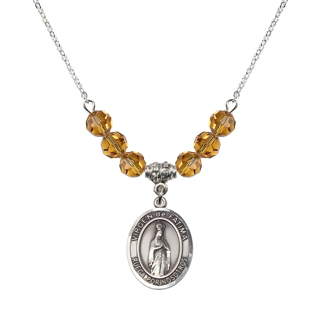 Bliss Virgen de Fatima Oval Sterling Silver 6mm Topaz Beaded Necklace, Measures 3/4 inch tall by 1/2-inch wide, Gift Box