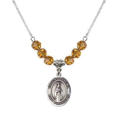 Virgen de Fatima Oval Sterling Silver 6mm Topaz Beaded Necklace, Measures 3/4 inch tall by 1/2-inch wide, Gift Box, Bliss Manufacturing