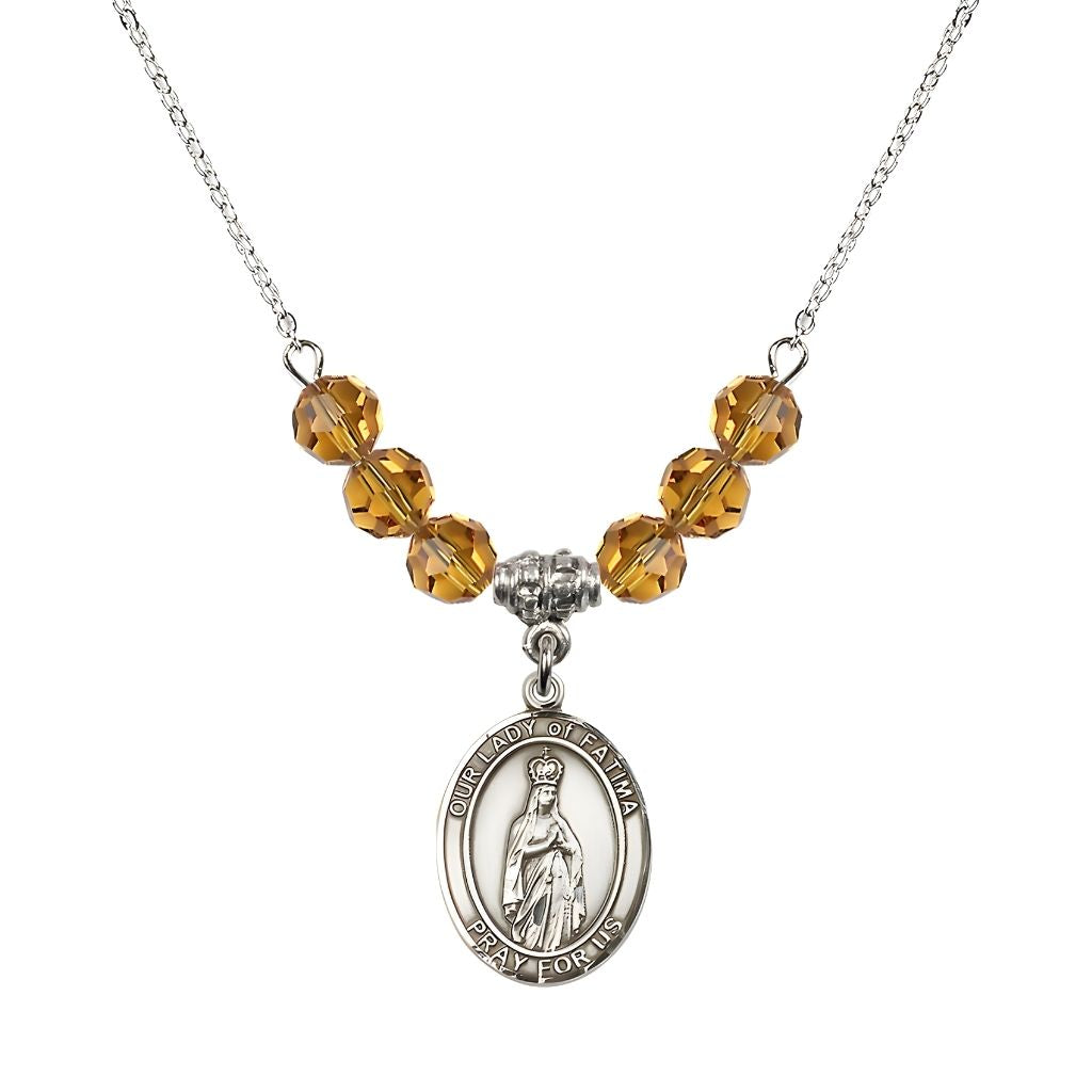 Bliss Our Lady of Fatima Sterling Silver 6mm Topaz Beaded Necklace, Measures 3/4 inch tall by 1/2-inch wide, Gift Box