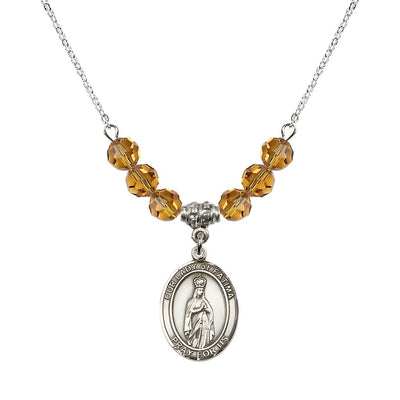 Our Lady of Fatima Sterling Silver 6mm Topaz Beaded Necklace, Measures 3/4 inch tall by 1/2-inch wide, Gift Box, Bliss Manufacturing