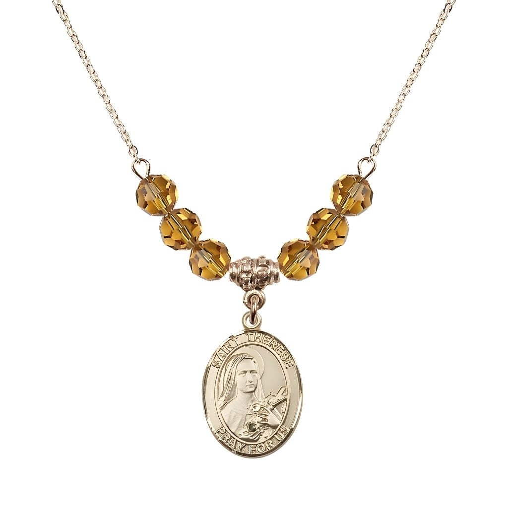 Bliss St. Therese of Lisieux Gold-filled Birthstone Necklace with 6mm Austrian crystal in topaz beads