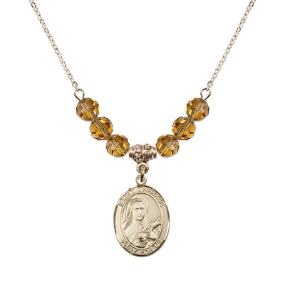 St. Therese of Lisieux Gold-filled Birthstone Necklace with 6mm Austrian crystal in topaz beads, Bliss Manufacturing