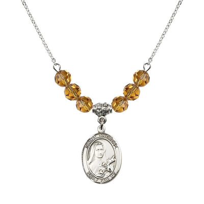 St. Therese of Lisieux Sterling Silver Medal and Birthstone 6mm Topaz Crystal Necklace, Bliss Manufacturing