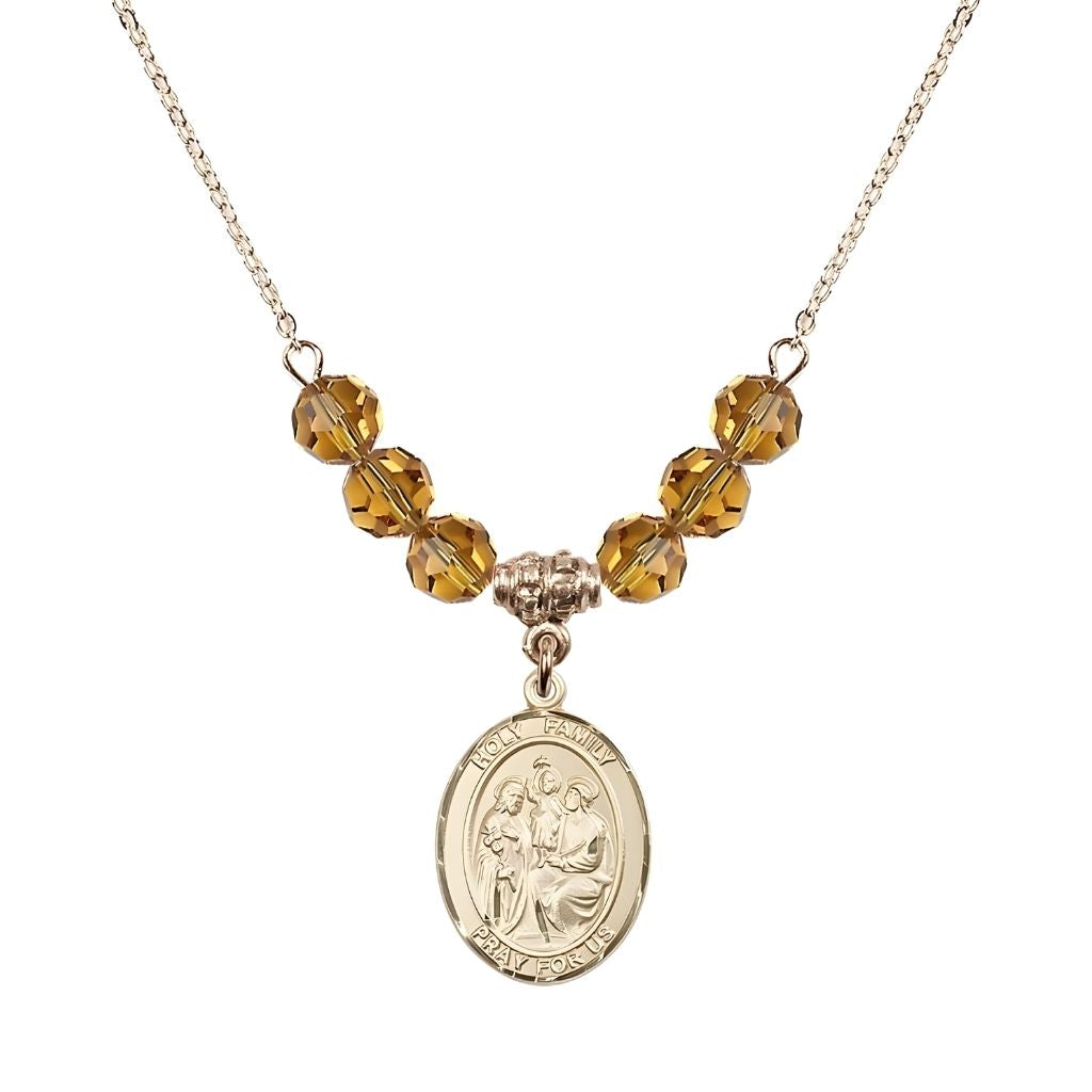 Bliss Holy Family Beaded Necklace with Gold-filled Medal, 6mm Austrian Crystal Topaz Beads for November