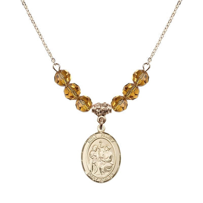 Holy Family Beaded Necklace with Gold-filled Medal, 6mm Austrian Crystal Topaz Beads for November, Bliss Manufacturing