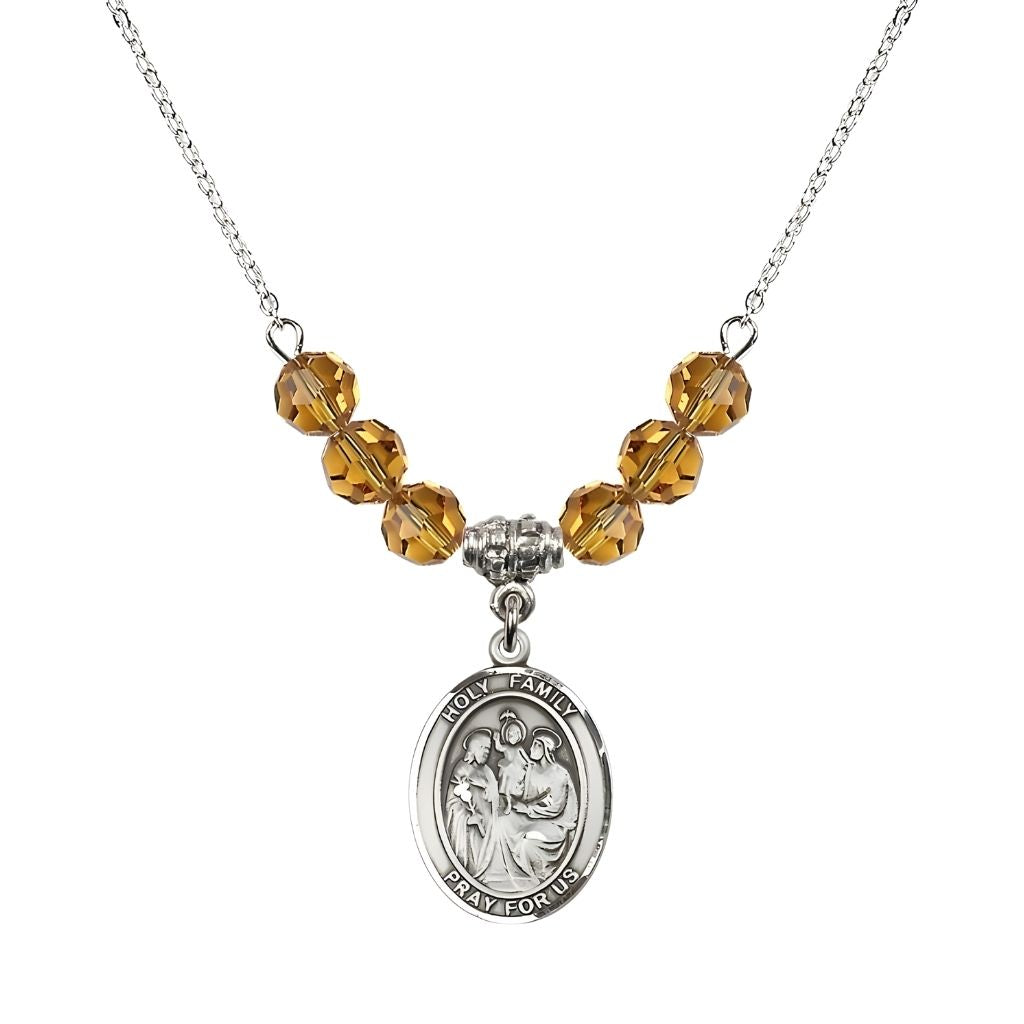 Bliss Holy Family Beaded Necklace with Sterling Silver Medal, 6mm Austrian Crystal Topaz Beads for November