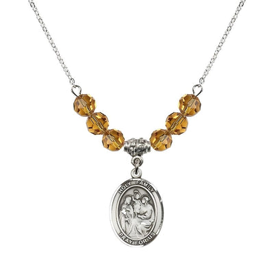 Holy Family Beaded Necklace with Sterling Silver Medal, 6mm Austrian Crystal Topaz Beads for November, Bliss Manufacturing