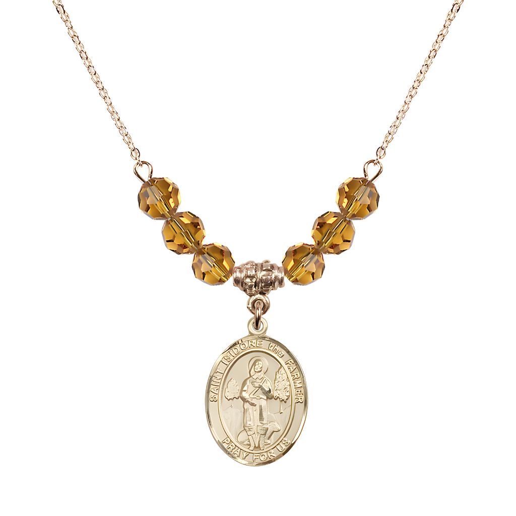 Bliss St. Isidore the Farmer Oval 14kt Gold-filled 6mm Topaz Austrian Crystal Beaded Necklace, Measures 3/4 inch tall by 1/2-inch wide, Gift Box.