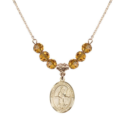 St. Isidore the Farmer Oval 14kt Gold-filled 6mm Topaz Austrian Crystal Beaded Necklace, Measures 3/4 inch tall by 1/2-inch wide, Gift Box, Bliss Manufacturing