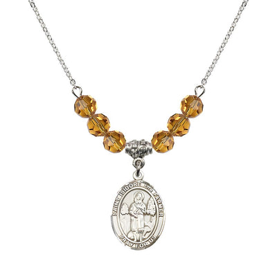 St. Isidore the Farmer Oval Sterling Silver 6mm Topaz Austrian Crystal Beaded Necklace, Measures 3/4 inch tall by 1/2-inch wide, Gift Box, Bliss Manufacturing