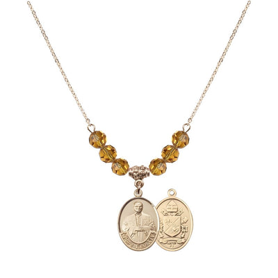Pope Leo XIV Beaded Necklace with Gold-filled Medal, 6mm Austrian Crystal Topaz Beads for November, Bliss Manufacturing