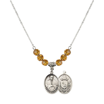 Pope Leo XIV Crystal Sterling Silver Medal Beaded Necklace with Topaz Crystal Beads, Bliss Manufacturing