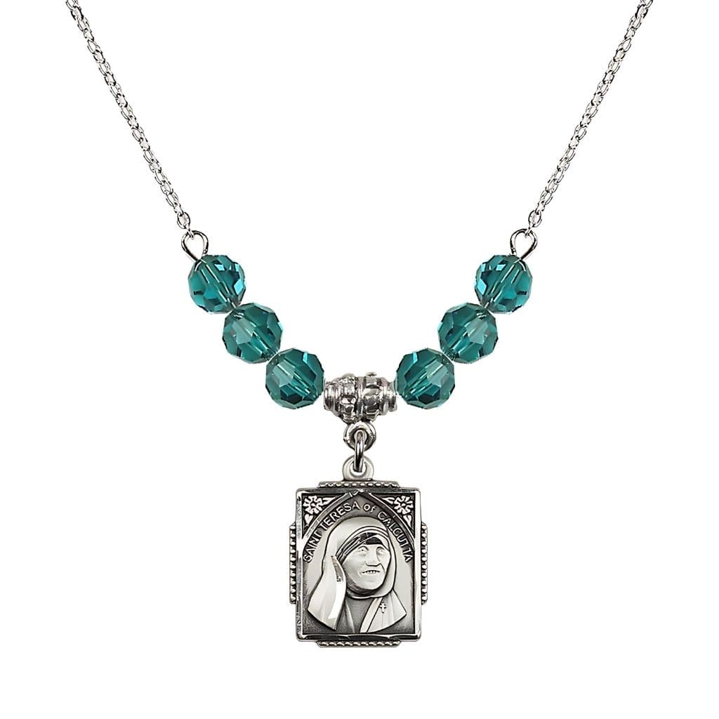 Bliss St. Teresa of Calcutta Square Sterling Silver Zircon Crystal Birthstone Necklace,