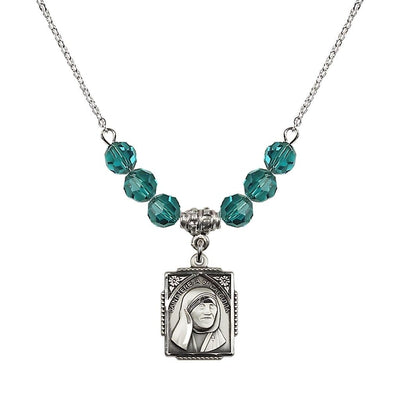 St. Teresa of Calcutta Square Sterling Silver Zircon Crystal Birthstone Necklace, Bliss Manufacturing