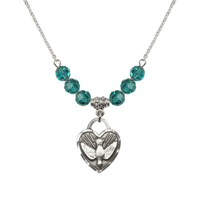 Dove Confirmation Heart Medal with 6mm Zircon Crystal Bead Necklace, 3/4 inch tall by 5/8 inch wide, Bliss Manufacturing
