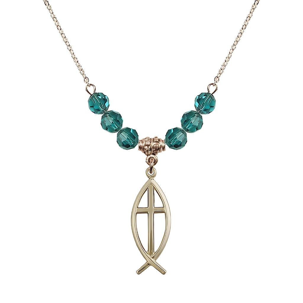 Bliss Fish Cross Crystal Zircon Birthstone Necklace with 18" Chain, Medal 1",