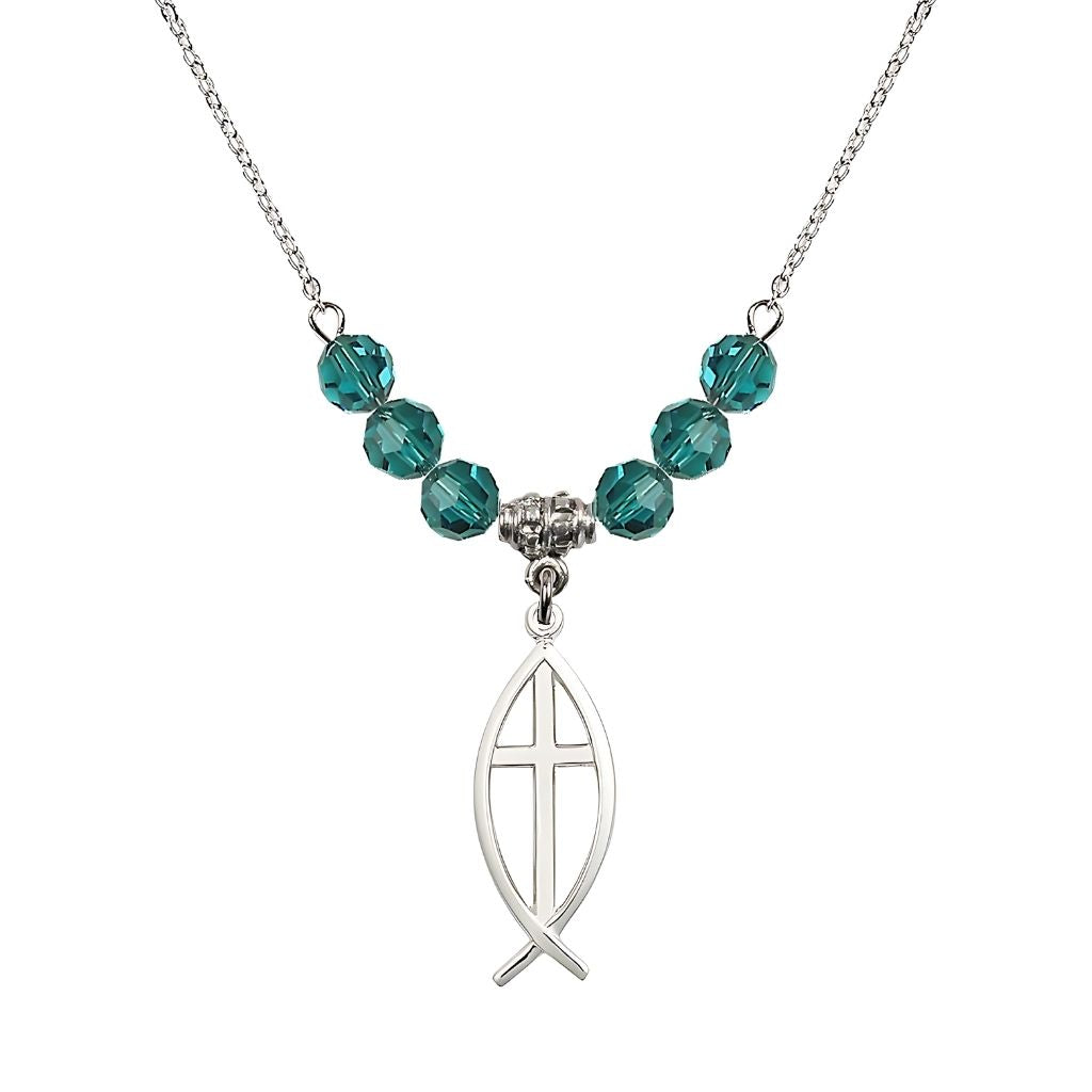 Bliss Fish Cross Crystal Birthstone Necklace with 18-inch Chain in Zircon, Medal 1 inch tall by 3/8 inch wide