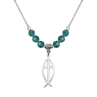 Fish Cross Crystal Birthstone Necklace with 18-inch Chain in Zircon, Medal 1 inch tall by 3/8 inch wide, Bliss Manufacturing