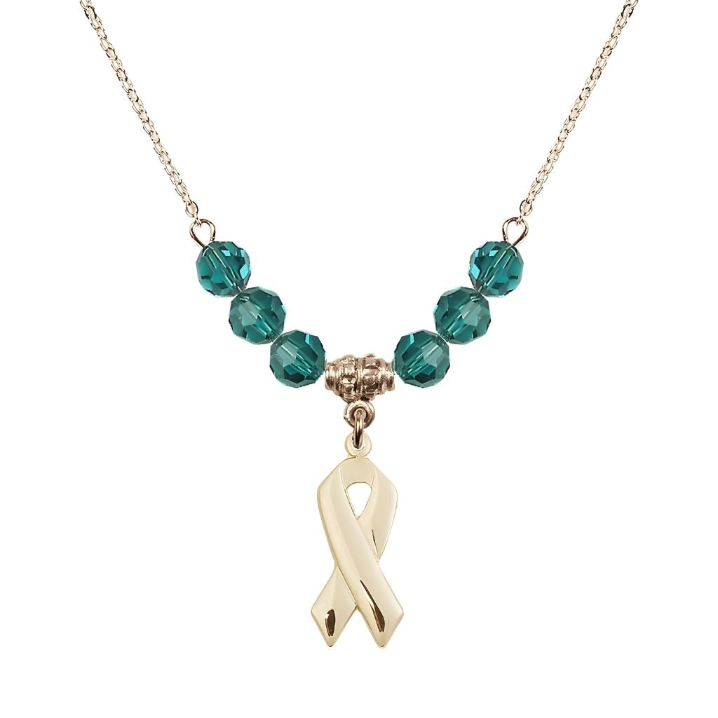 Bliss 14kt Gold-filled Cancer Awareness Ribbon Zircon Birthstone Crystal Beaded Necklace, Charm Measures 7/8 inch tall by 3/8 inch wide