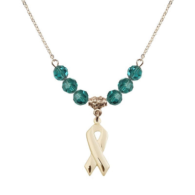 14kt Gold-filled Cancer Awareness Ribbon Zircon Birthstone Crystal Beaded Necklace, Charm Measures 7/8 inch tall by 3/8 inch wide, Bliss Manufacturing