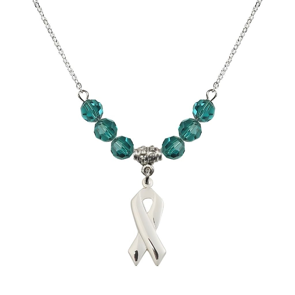 Bliss Sterling Silver Cancer Awareness Ribbon Zircon Birthstone Crystal Beaded Necklace, Charm Measures 7/8 inch tall by 3/8 inch wide