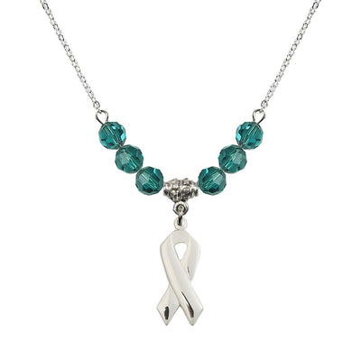 Sterling Silver Cancer Awareness Ribbon Zircon Birthstone Crystal Beaded Necklace, Charm Measures 7/8 inch tall by 3/8 inch wide, Bliss Manufacturing