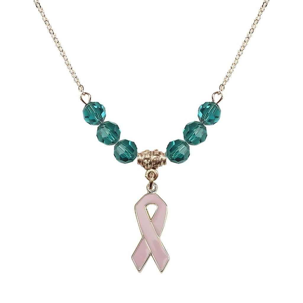 Bliss Gold-filled Breast Cancer Awareness Pink Ribbon Zircon Crystal Beaded Necklace, Measures 7/8-inch tall by 1/4-inch wide