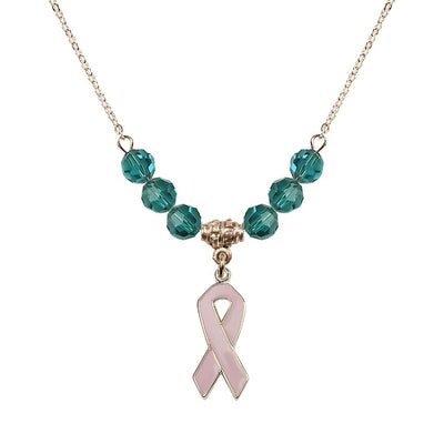 Gold-filled Breast Cancer Awareness Pink Ribbon Zircon Crystal Beaded Necklace, Measures 7/8-inch tall by 1/4-inch wide, Bliss Manufacturing