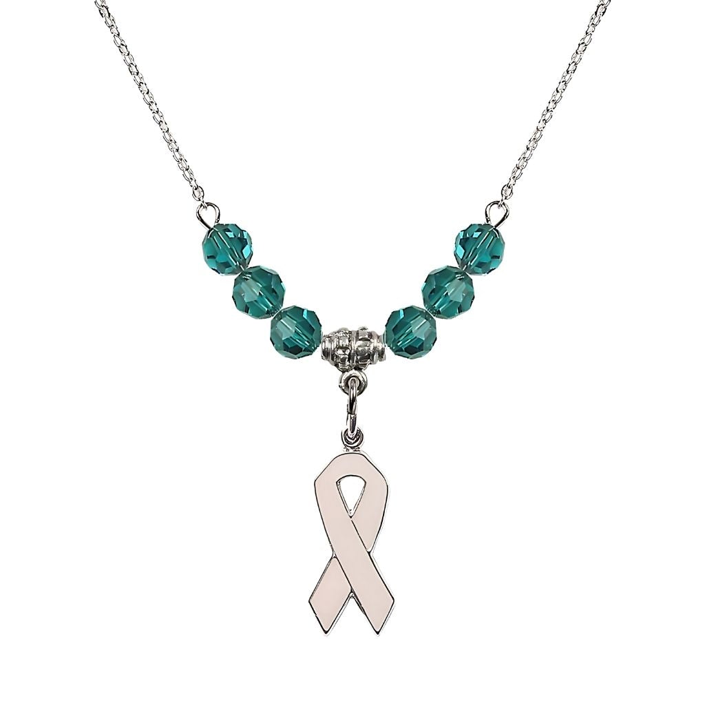 Bliss Sterling Silver Breast Cancer Awareness Pink Ribbon Zircon Crystal Beaded Necklace, Measures 7/8-inch tall by 1/4-inch wide