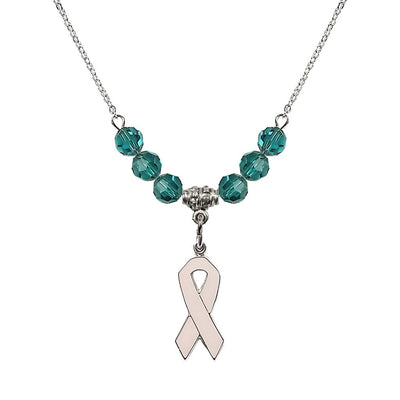 Sterling Silver Breast Cancer Awareness Pink Ribbon Zircon Crystal Beaded Necklace, Measures 7/8-inch tall by 1/4-inch wide, Bliss Manufacturing
