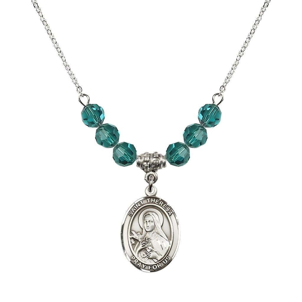 Bliss St. Theresa Sterling Silver Crystal Necklace, handcrafted in the USA, Birthstone 6mm Austrian Crystals in Zircon