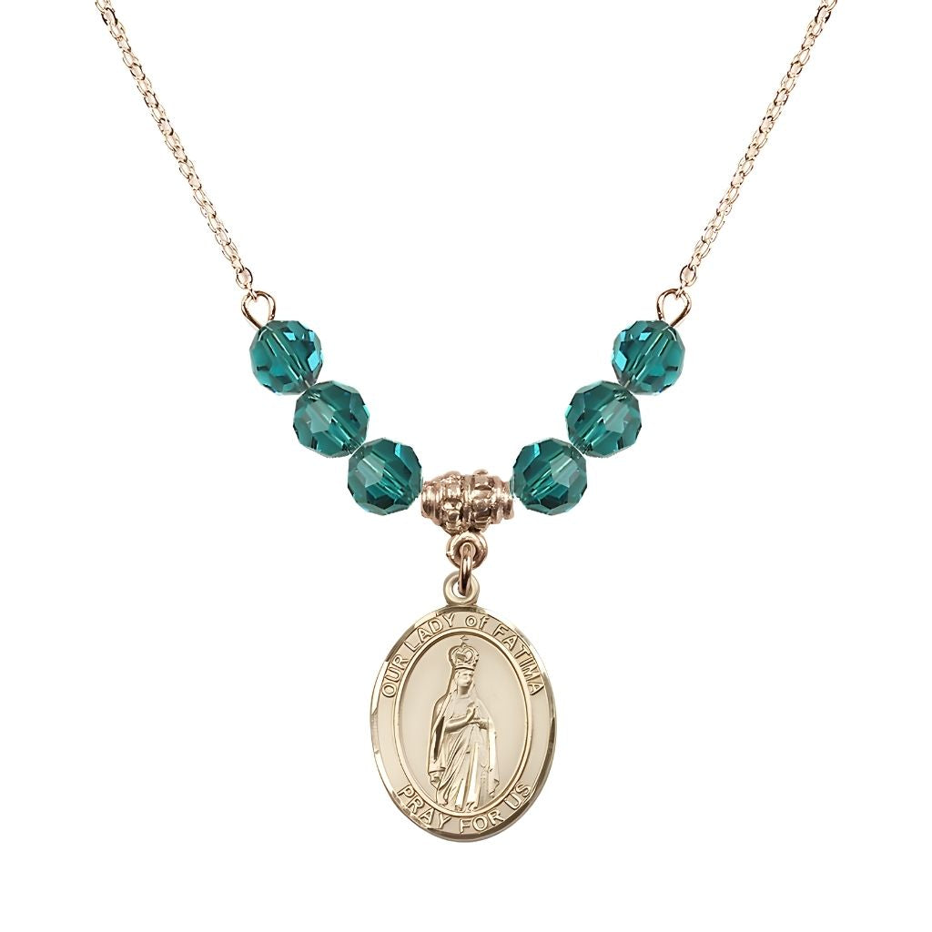 Bliss Our Lady of Fatima Gold-filled 6mm Zircon Beaded Necklace, Measures 3/4 inch tall by 1/2-inch wide, Gift Box