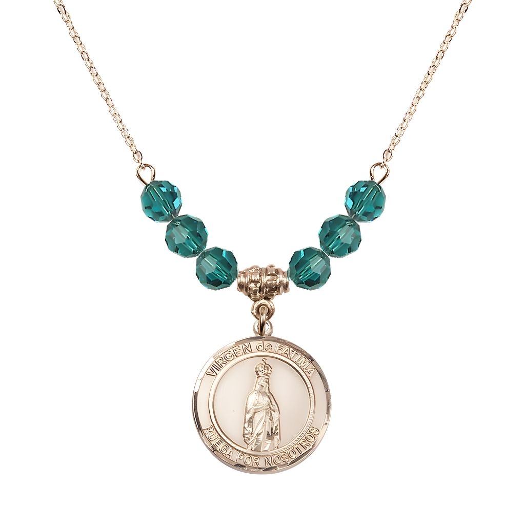 Bliss Virgen de Fatima Round 14kt Gold-filled 6mm Zircon Beaded Necklace, Measures 3/4 inch tall by 1/2-inch wide, Gift Box