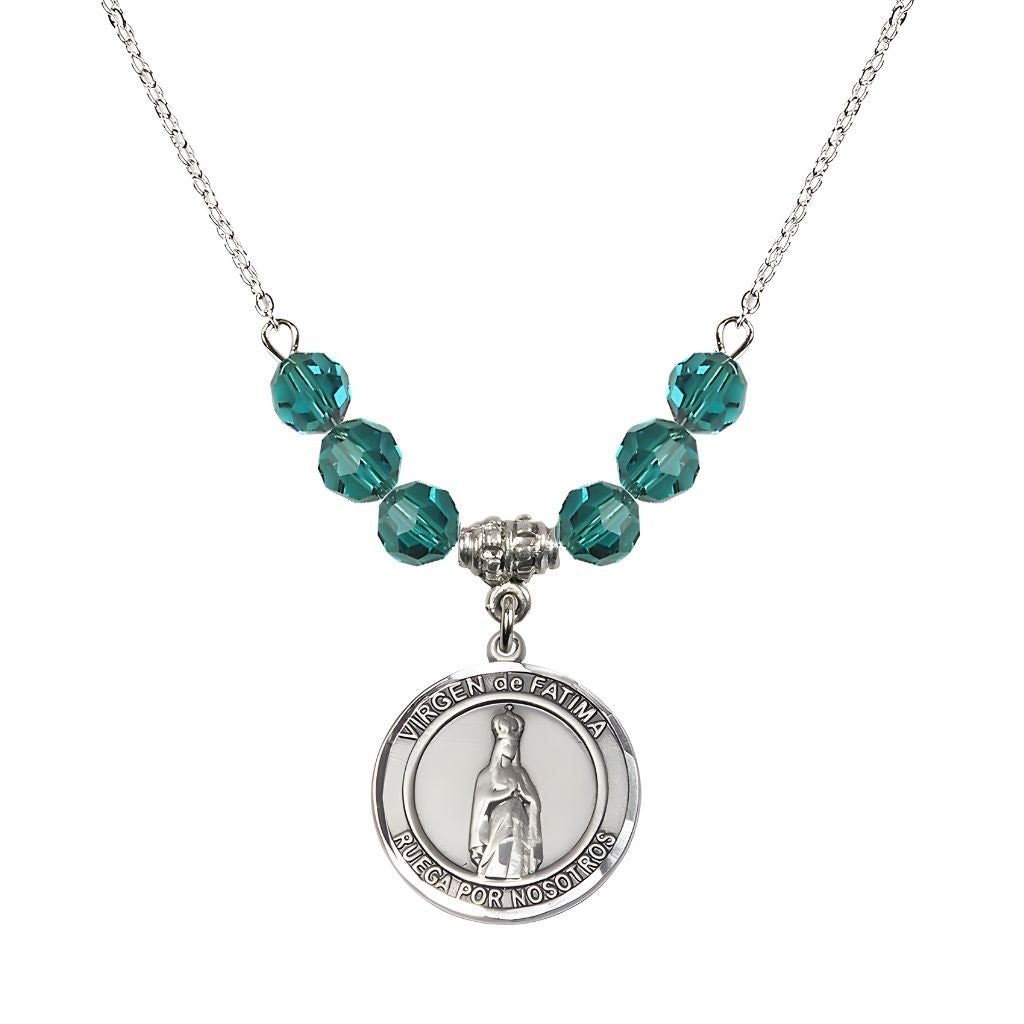 Bliss Virgen de Fatima Round Sterling Silver 6mm Zircon Beaded Necklace, Measures 3/4 inch tall by 1/2-inch wide, Gift Box