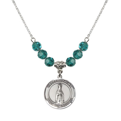 Virgen de Fatima Round Sterling Silver 6mm Zircon Beaded Necklace, Measures 3/4 inch tall by 1/2-inch wide, Gift Box, Bliss Manufacturing