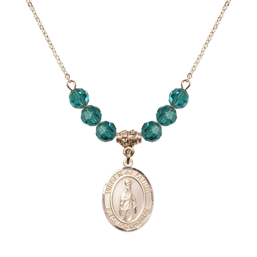 Bliss Virgen de Fatima 14kt Gold-filled 6mm Zircon Beaded Necklace, Measures 3/4 inch tall by 1/2-inch wide, Gift Box
