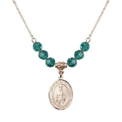 Virgen de Fatima 14kt Gold-filled 6mm Zircon Beaded Necklace, Measures 3/4 inch tall by 1/2-inch wide, Gift Box, Bliss Manufacturing