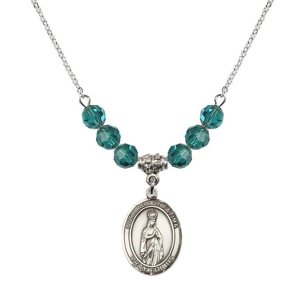 Bliss Our Lady of Fatima Sterling Silver 6mm Zircon Beaded Necklace, Measures 3/4 inch tall by 1/2-inch wide, Gift Box