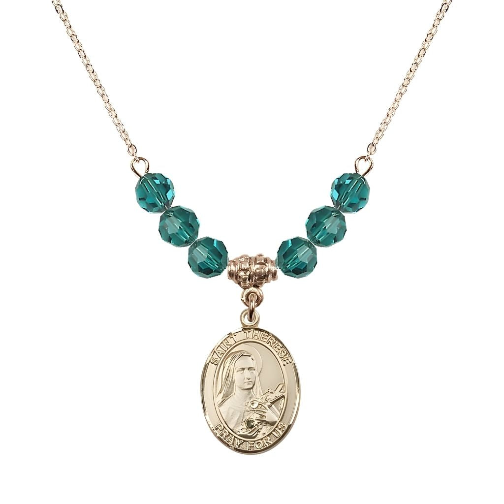 Bliss St. Therese of Lisieux Gold-filled Birthstone Necklace with 6mm Austrian crystal in zircon beads