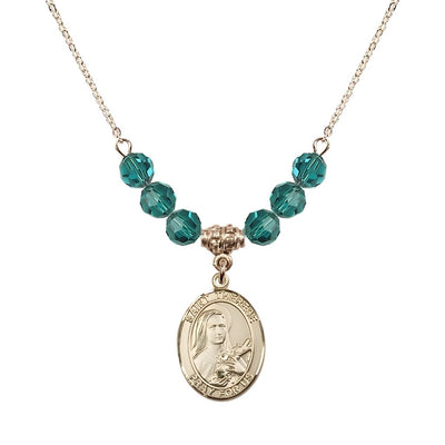 St. Therese of Lisieux Gold-filled Birthstone Necklace with 6mm Austrian crystal in zircon beads, Bliss Manufacturing