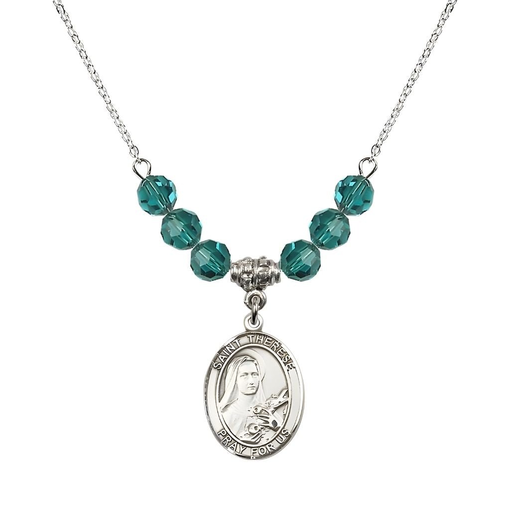 Bliss St. Therese of Lisieux Sterling Silver Medal and Birthstone 6mm Zircon Crystal Necklace