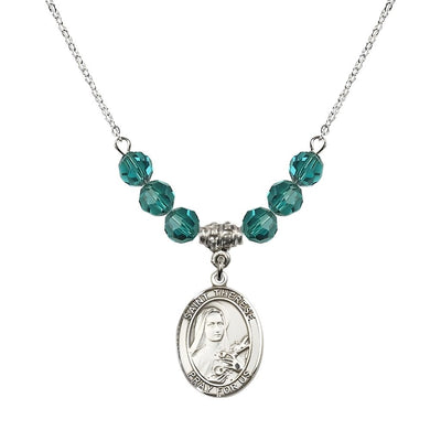 St. Therese of Lisieux Sterling Silver Medal and Birthstone 6mm Zircon Crystal Necklace, Bliss Manufacturing
