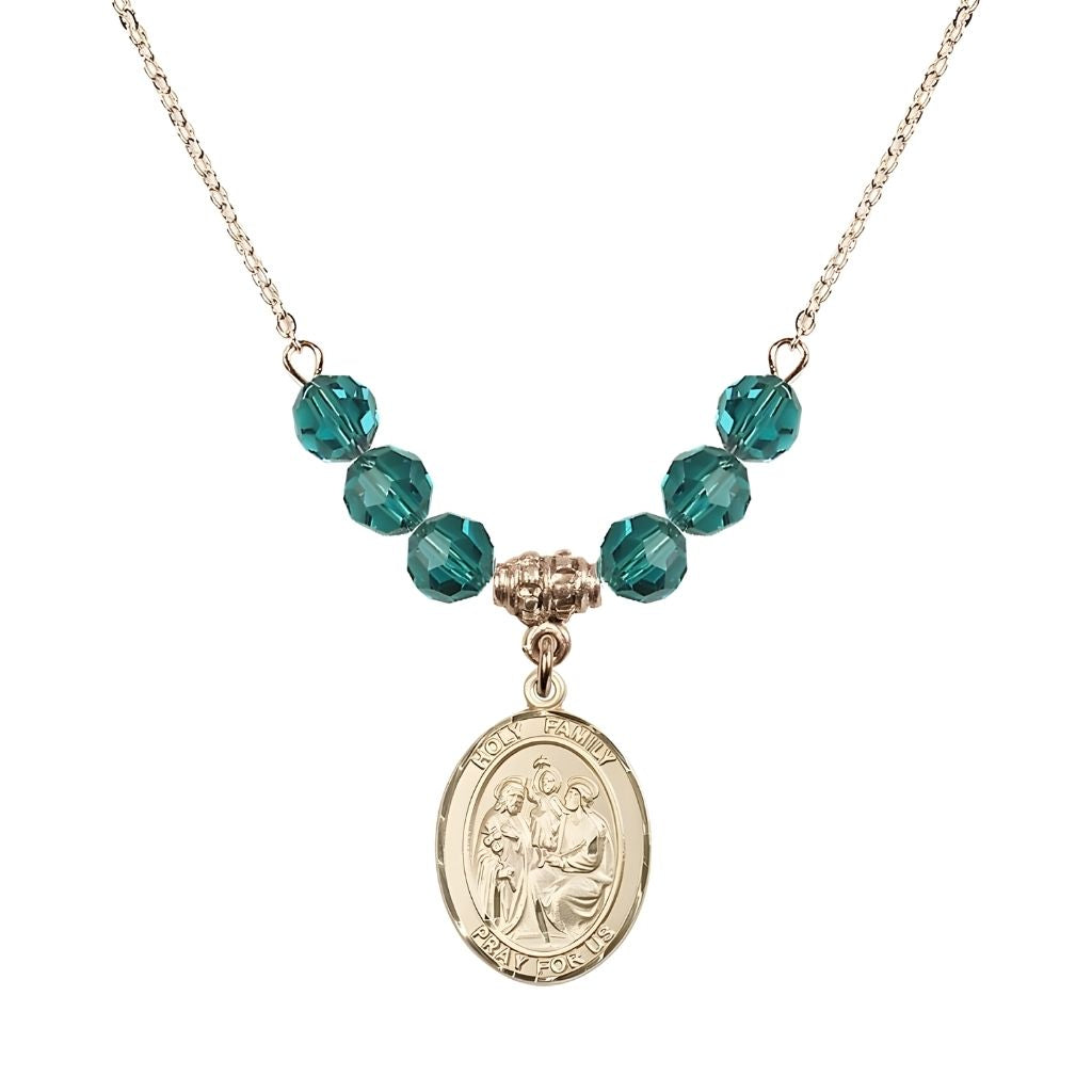 Bliss Holy Family Beaded Necklace with Gold-filled Medal, 6mm Austrian Crystal Zircon Beads for December