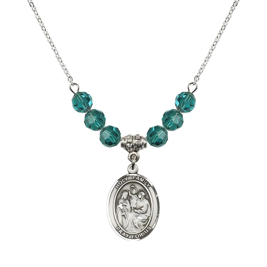 Bliss Holy Family Beaded Necklace with Sterling Silver Medal, 6mm Austrian Crystal Zircon Beads for December